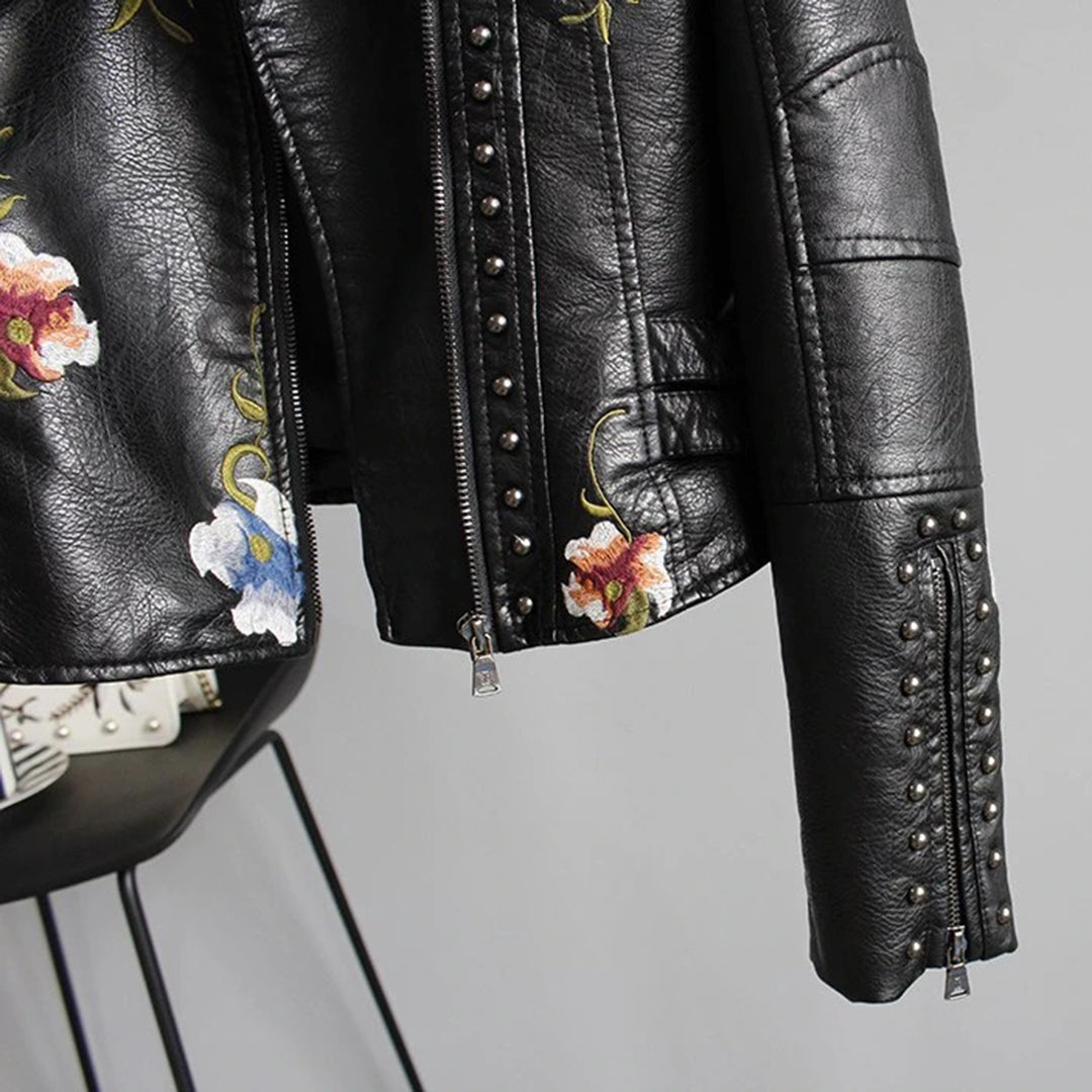 Women's Stylish Leather Biker Jacket with Floral Motifs and Studs