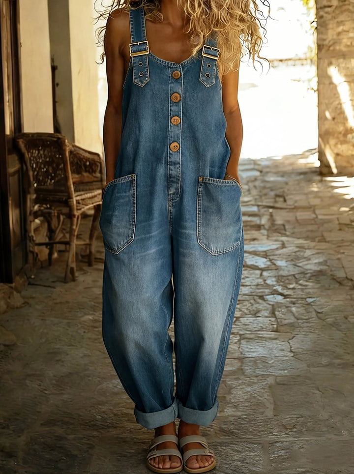 Women's Denim Overalls Jumpsuit with Adjustable Buckles and Pockets