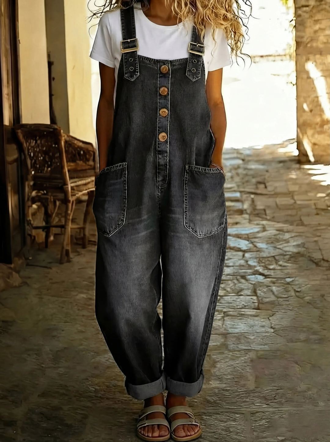 Women's Denim Overalls Jumpsuit with Adjustable Buckles and Pockets