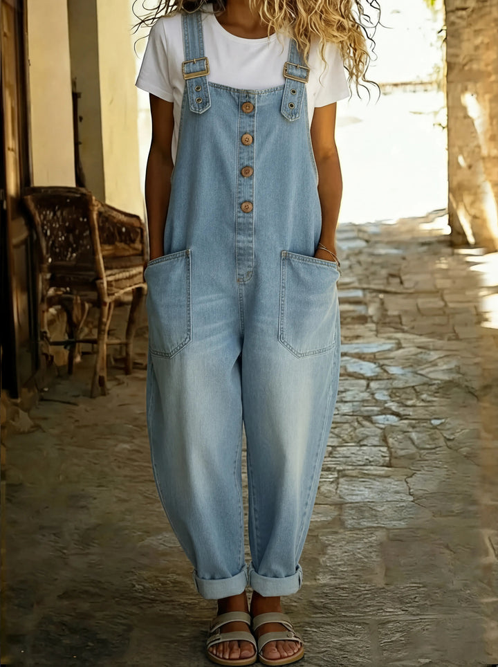 Women's Denim Overalls Jumpsuit with Adjustable Buckles and Pockets