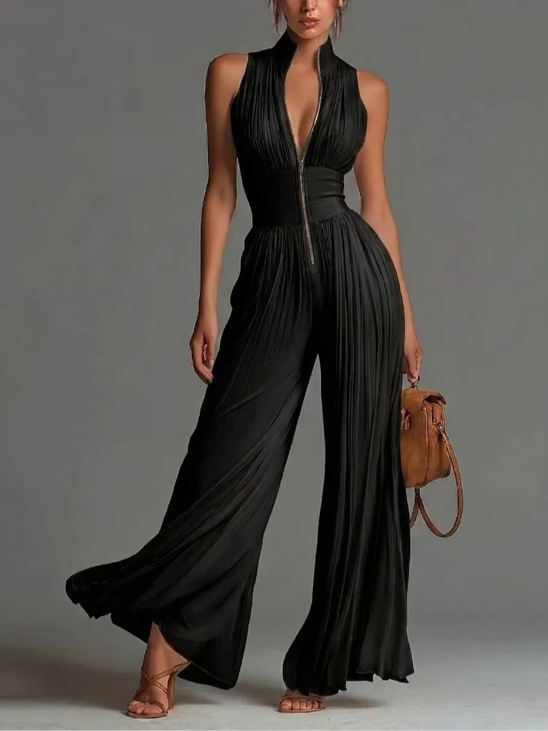 Women's Stylish Pleated Jumpsuit – Deep V-Neck & Wide Leg Design