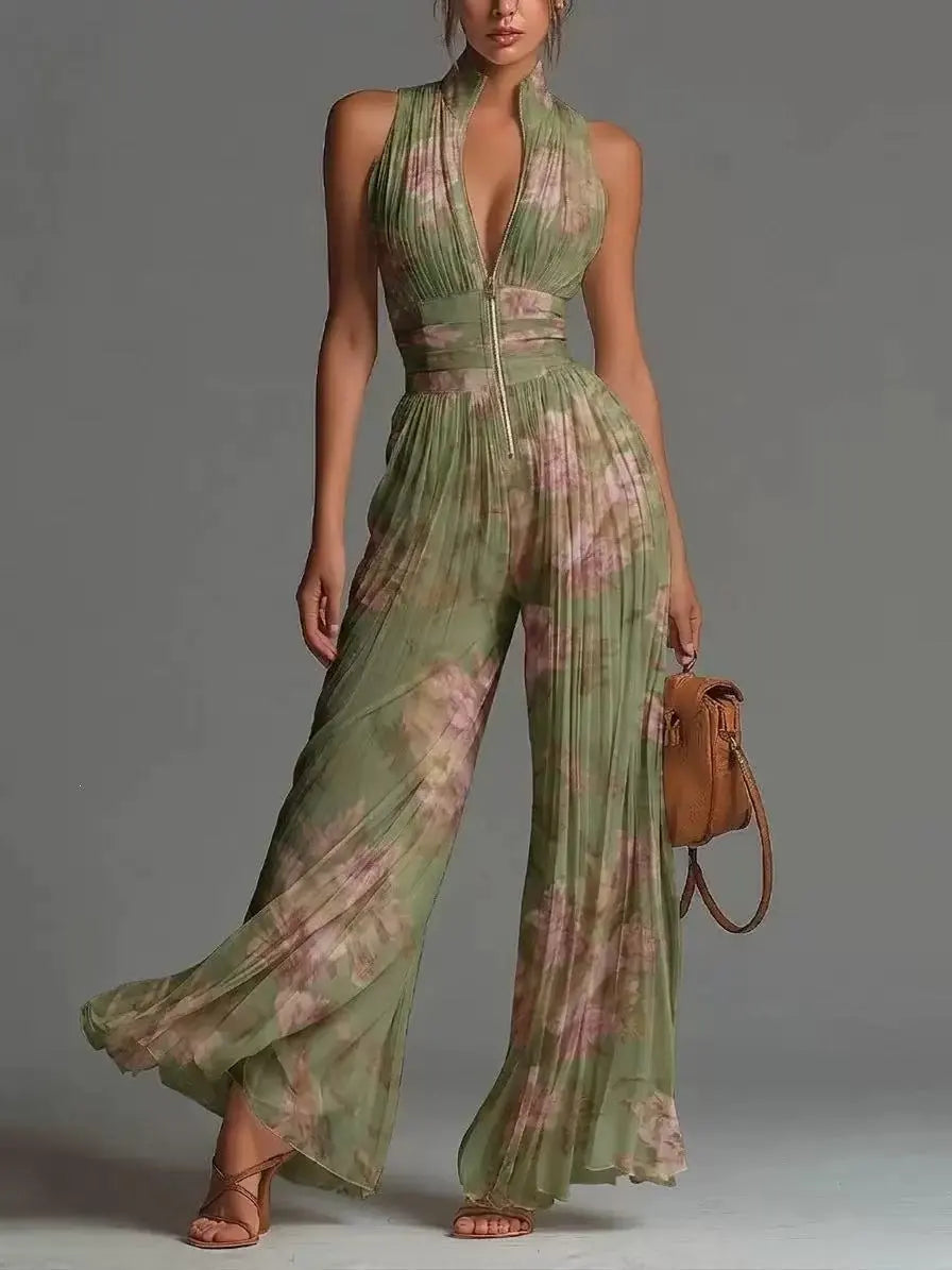 Women's Stylish Pleated Jumpsuit – Deep V-Neck & Wide Leg Design