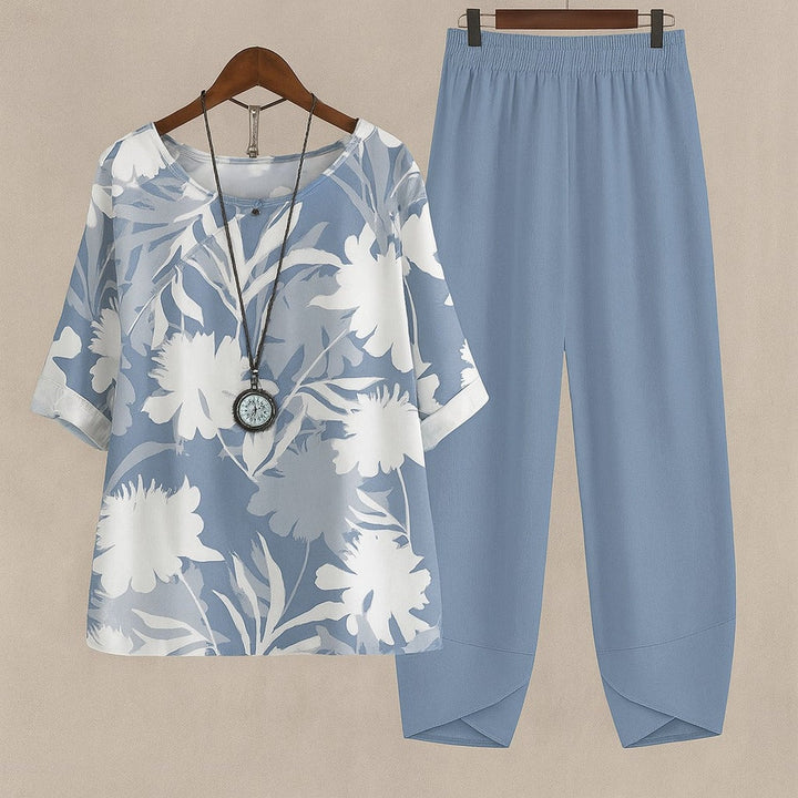 Women's Floral Two-Piece Outfit – Boat Neck with 3/4 Cuffed Sleeves