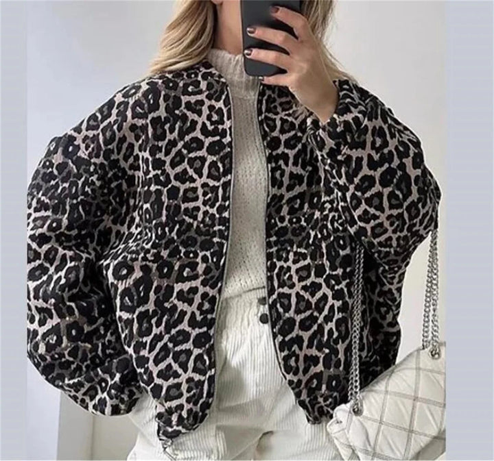 Chaqueta de transición con cremallera y estampado de leopardo para mujer
