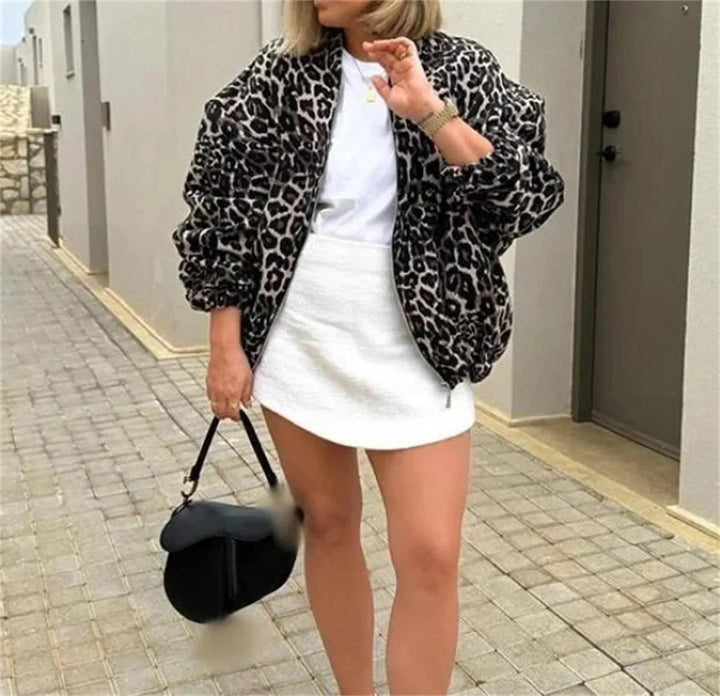 Chaqueta de transición con cremallera y estampado de leopardo para mujer