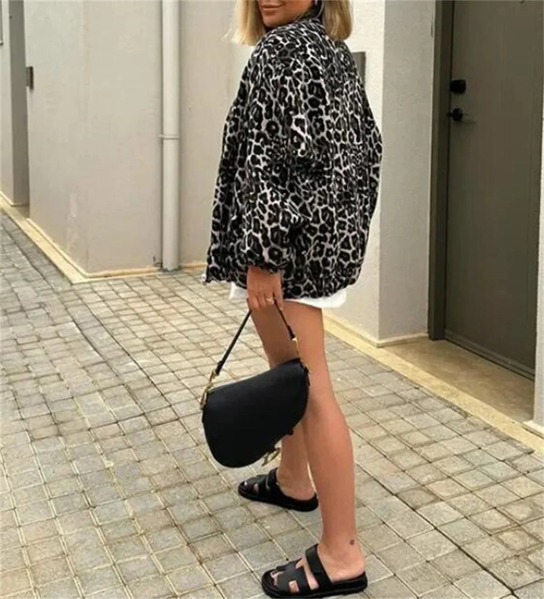 Chaqueta de transición con cremallera y estampado de leopardo para mujer