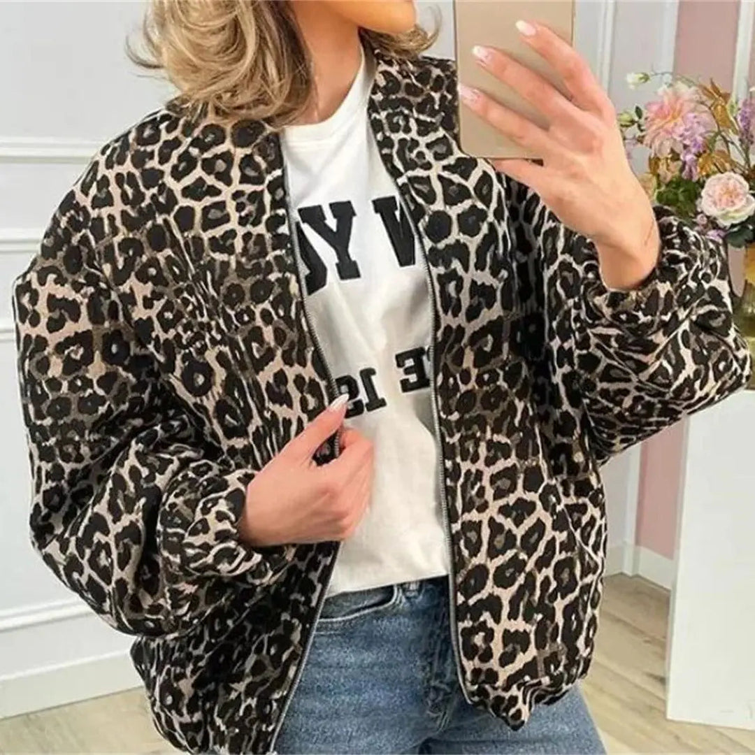 Chaqueta de transición con cremallera y estampado de leopardo para mujer