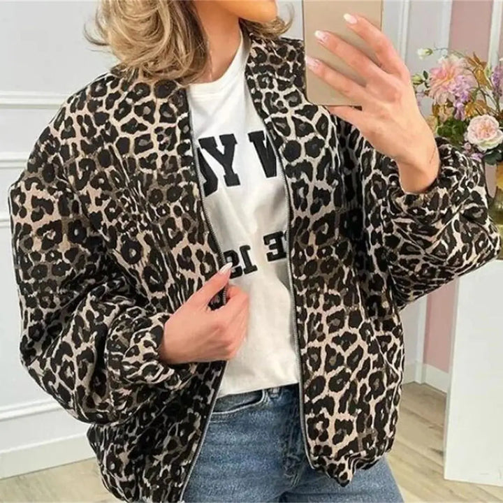 Chaqueta de transición con cremallera y estampado de leopardo para mujer