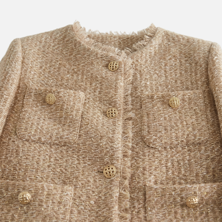 Women's Tweed Jacket with Frayed Edges and Collarless Design
