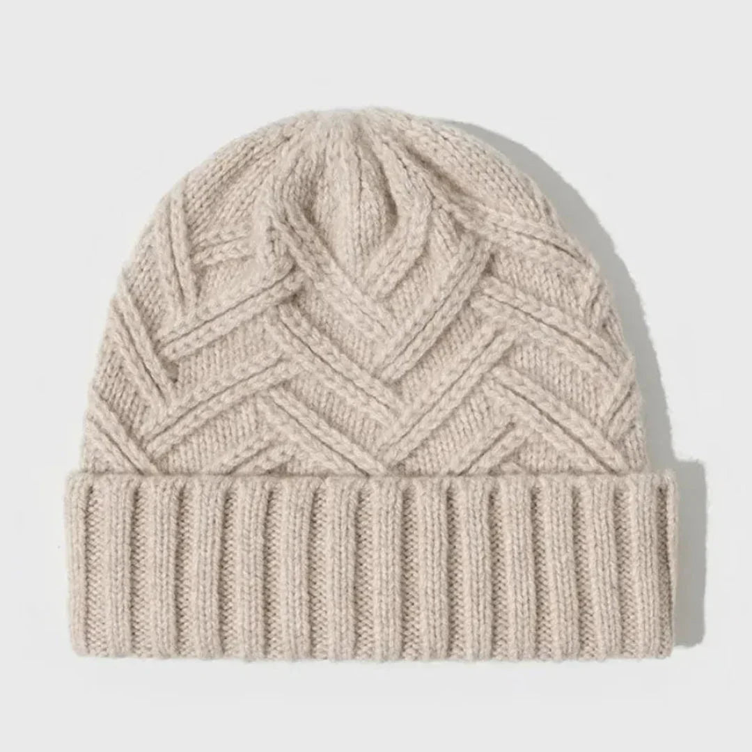 Women's Warm Classic Wool Beanie with Ribbed Cuff and Chevron Knit-The Yellow Prime