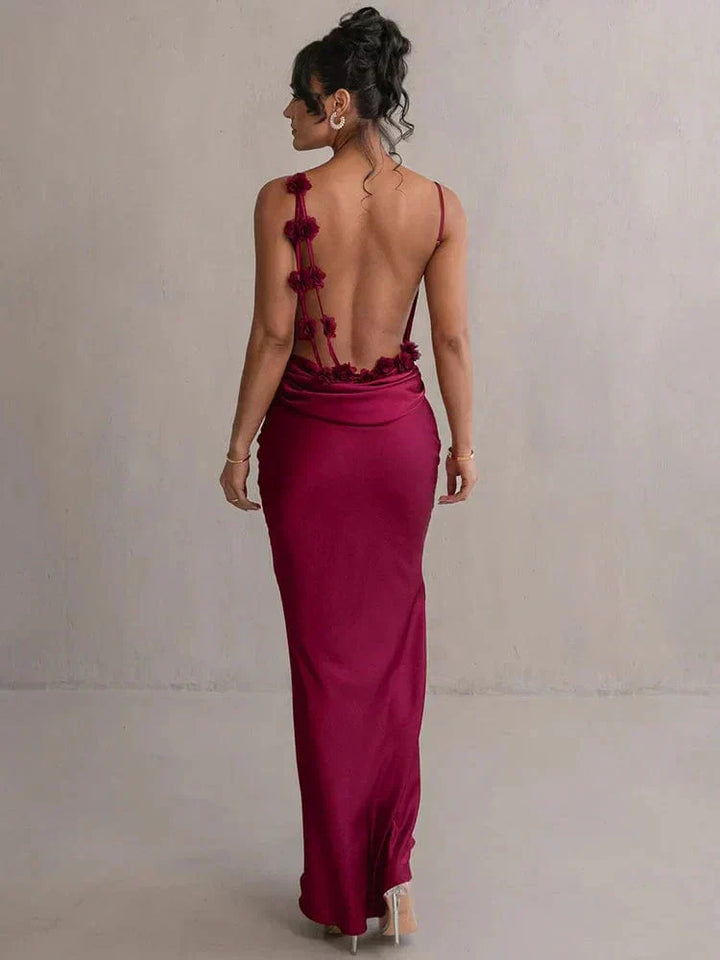 Xenia | Women's Elegant Sleeveless Satin Maxi Dress with Floral Appliqués-The Yellow Prime