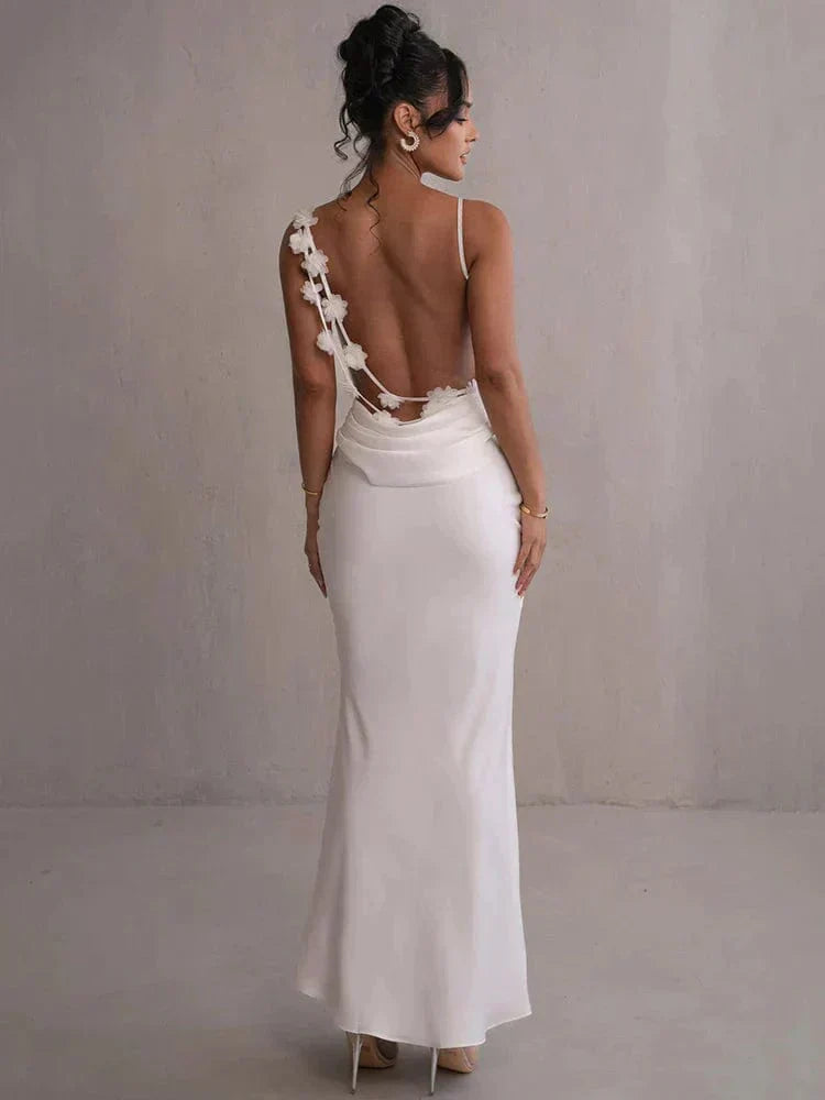 Xenia | Women's Elegant Sleeveless Satin Maxi Dress with Floral Appliqués-The Yellow Prime