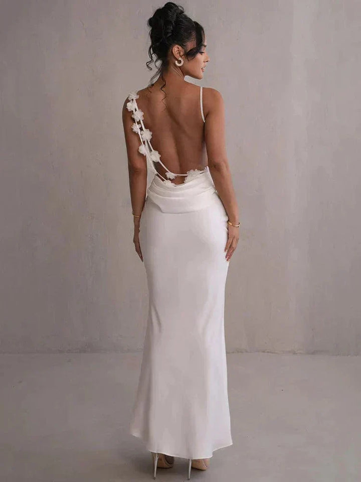 Xenia | Women's Elegant Sleeveless Satin Maxi Dress with Floral Appliqués-The Yellow Prime