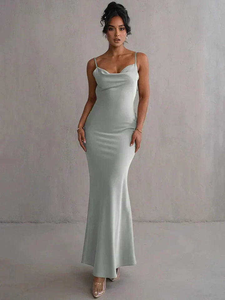 Xenia | Women's Elegant Sleeveless Satin Maxi Dress with Floral Appliqués-The Yellow Prime