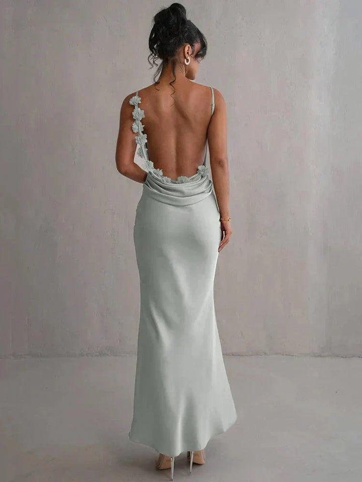 Xenia | Women's Elegant Sleeveless Satin Maxi Dress with Floral Appliqués-The Yellow Prime