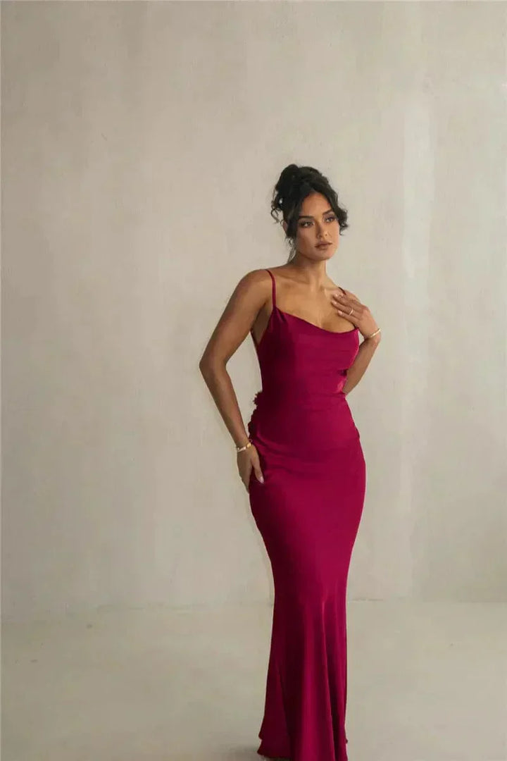 Xenia | Women's Elegant Sleeveless Satin Maxi Dress with Floral Appliqués-The Yellow Prime