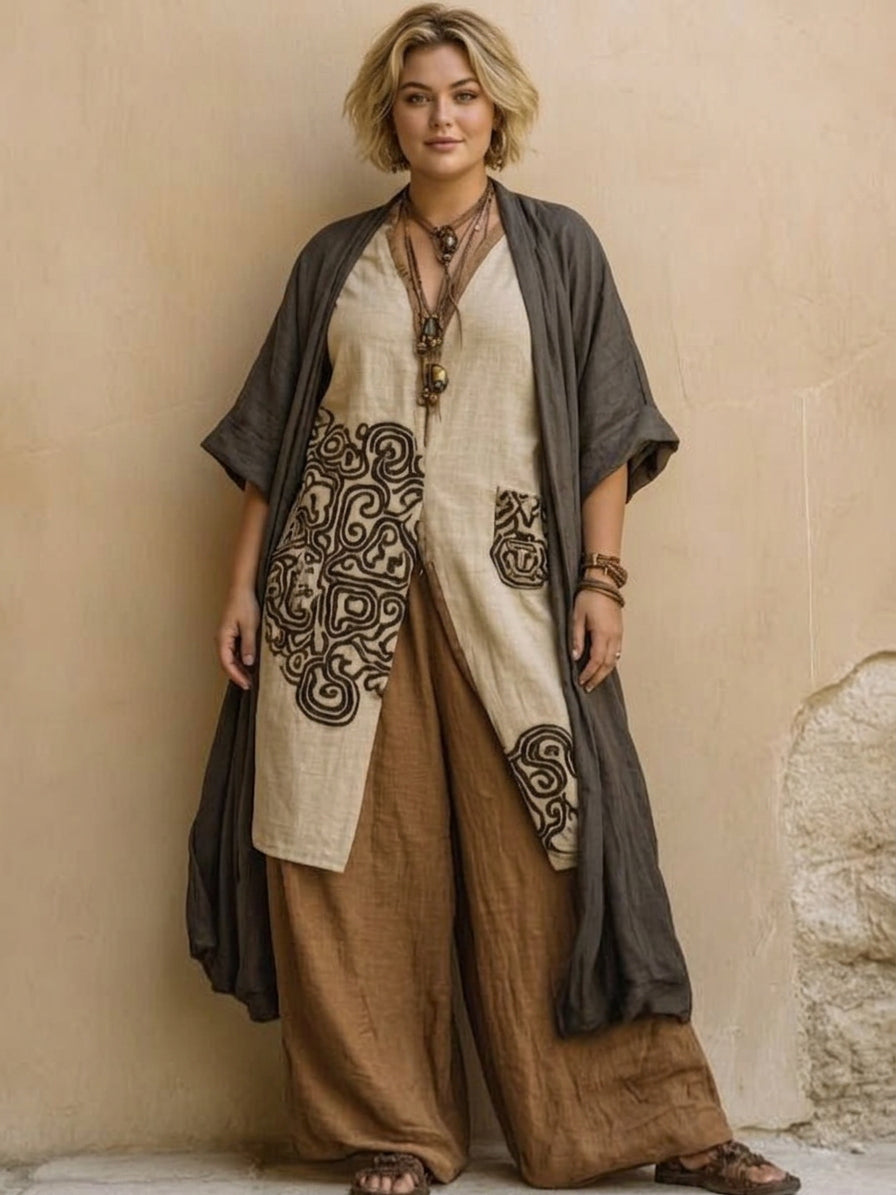 Conjunto de três peças com padrão tribal cinzento-escuro e castanho para mulher