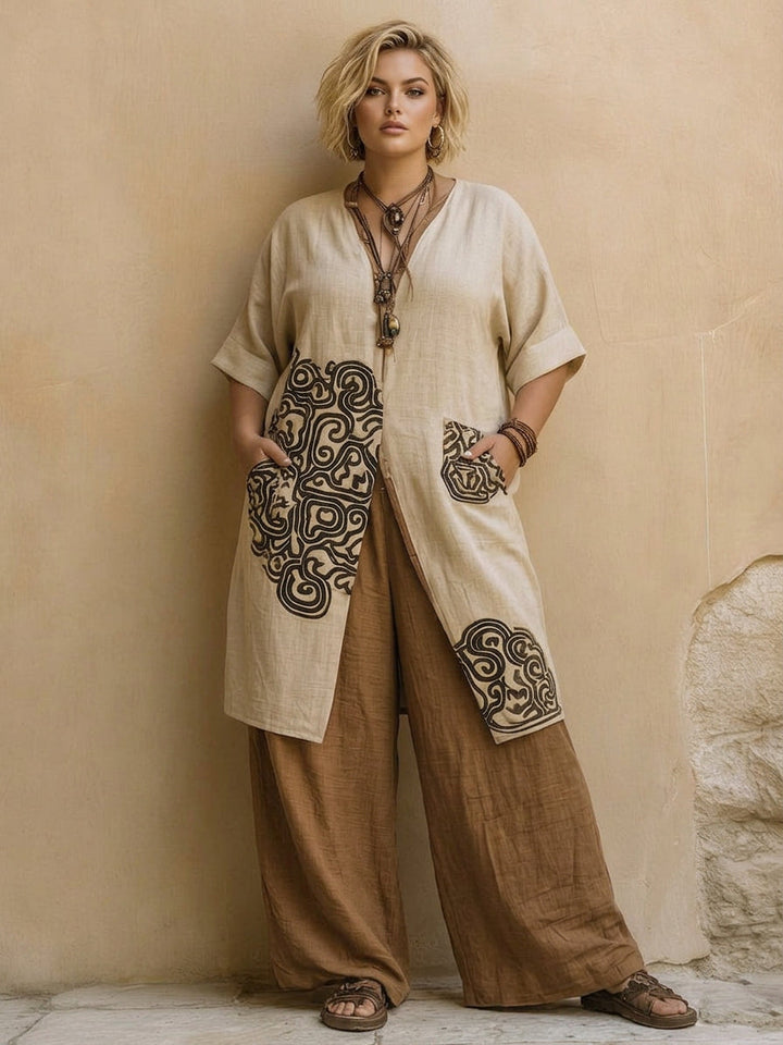 Conjunto de três peças com padrão tribal cinzento-escuro e castanho para mulher