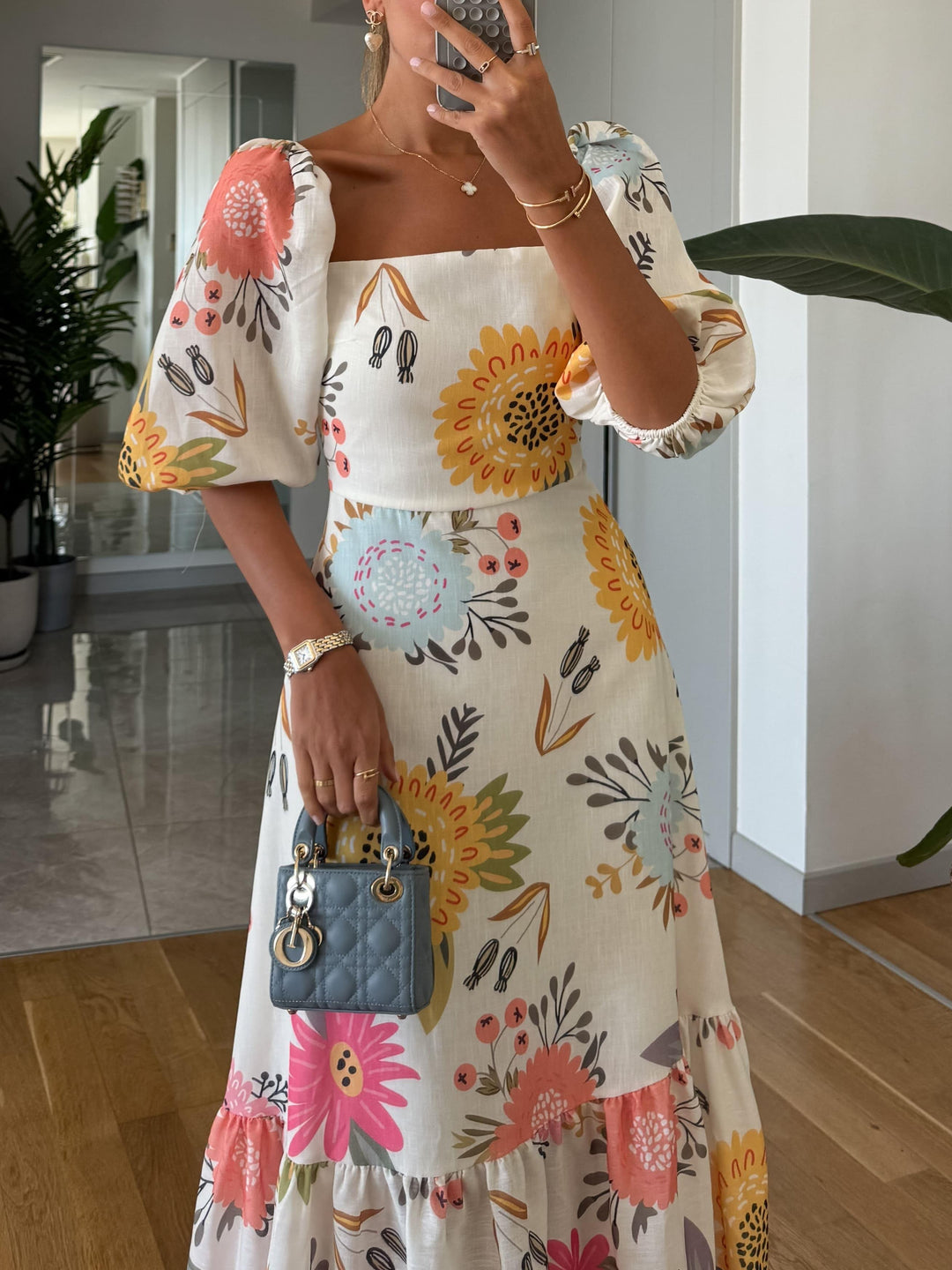 Mariam | Women's Floral Midi Dress with Square Neck-The Yellow Prime