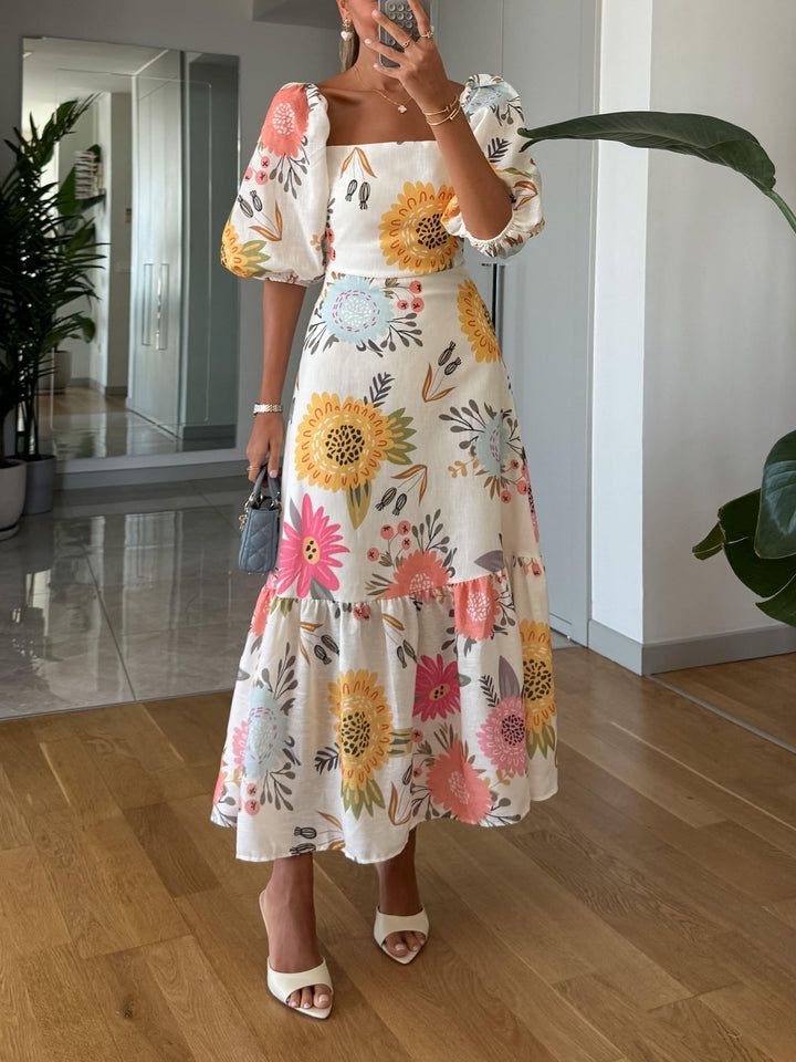 Mariam | Women's Floral Midi Dress with Square Neck-The Yellow Prime