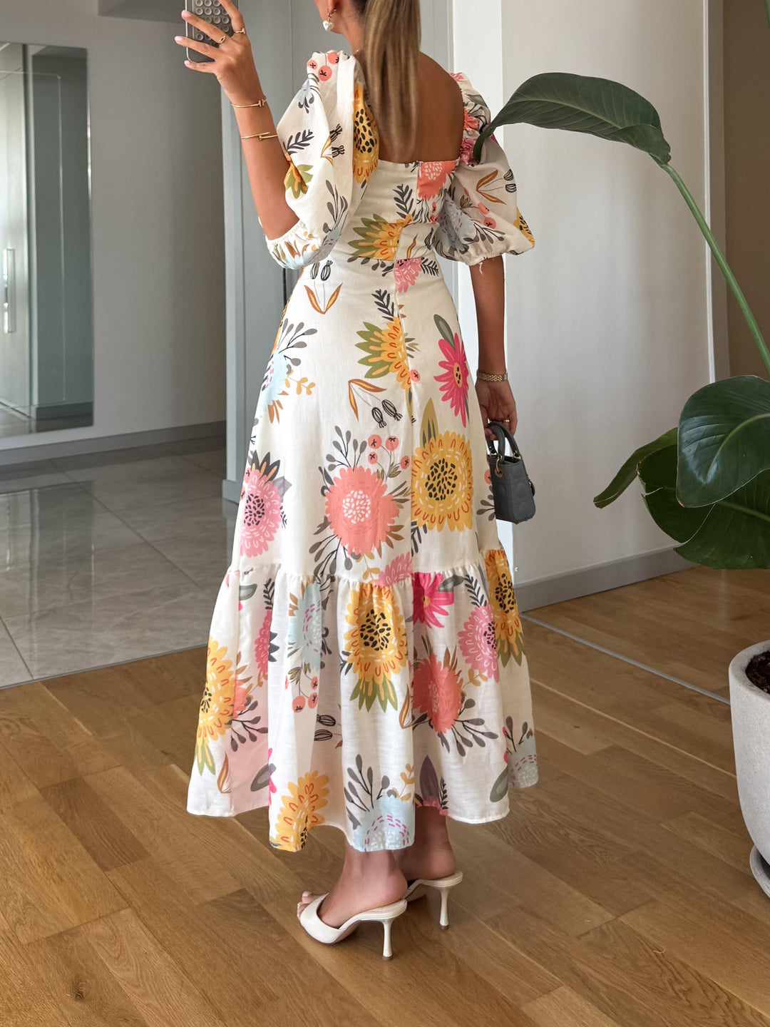 Mariam | Women's Floral Midi Dress with Square Neck-The Yellow Prime
