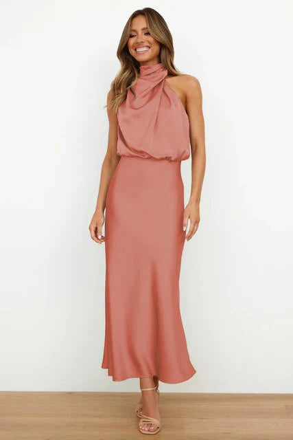 Women's Elegant High-Neck Satin Maxi Dress – Flattering Evening Wear-The Yellow Prime