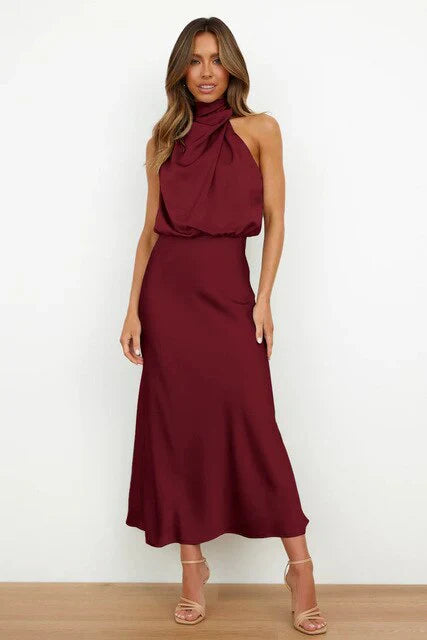 Women's Elegant High-Neck Satin Maxi Dress – Flattering Evening Wear-The Yellow Prime