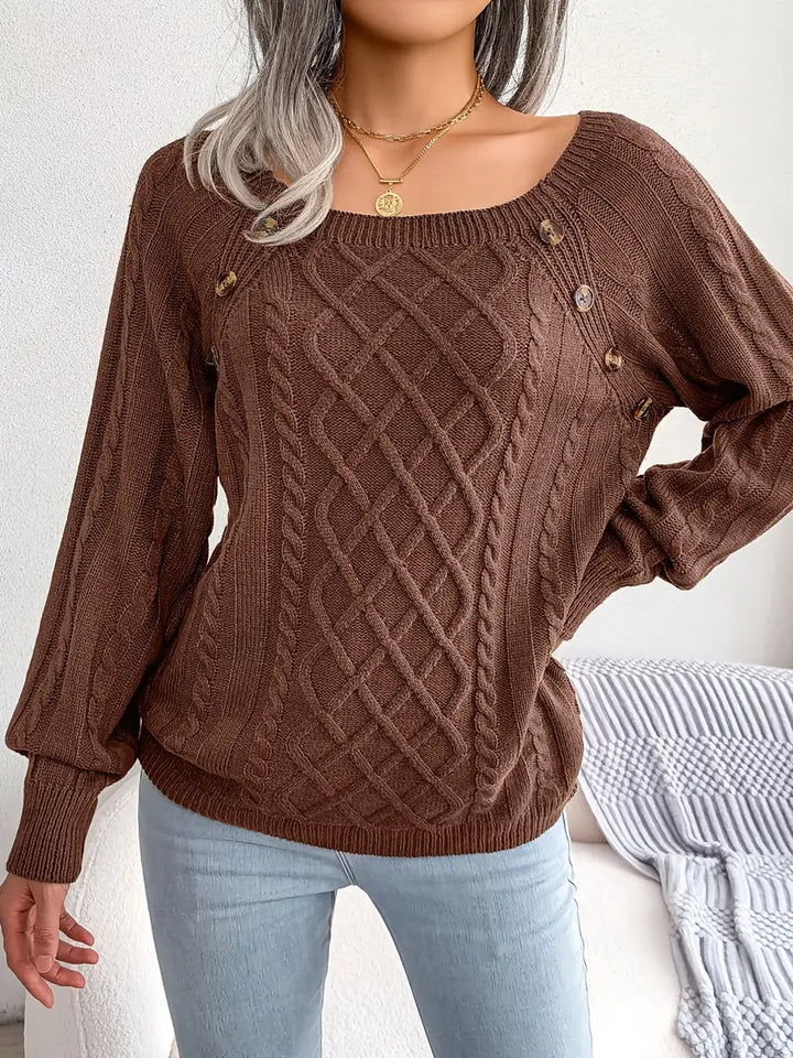 Women's Loose-Fitting Cable-Knit Sweater with Shoulder Buttons
