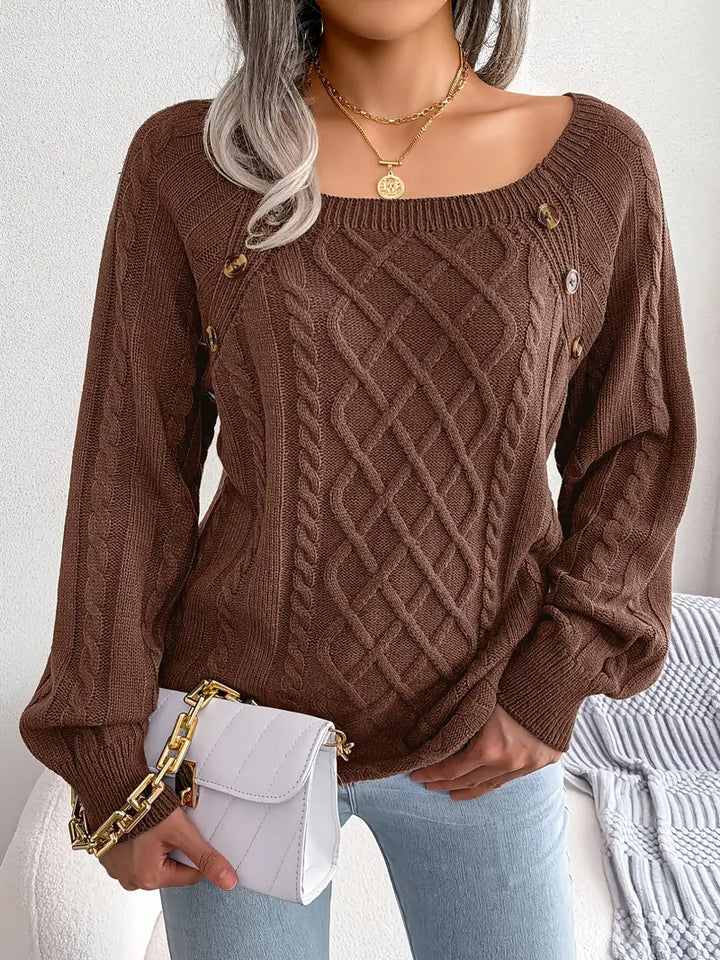 Women's Loose-Fitting Cable-Knit Sweater with Shoulder Buttons