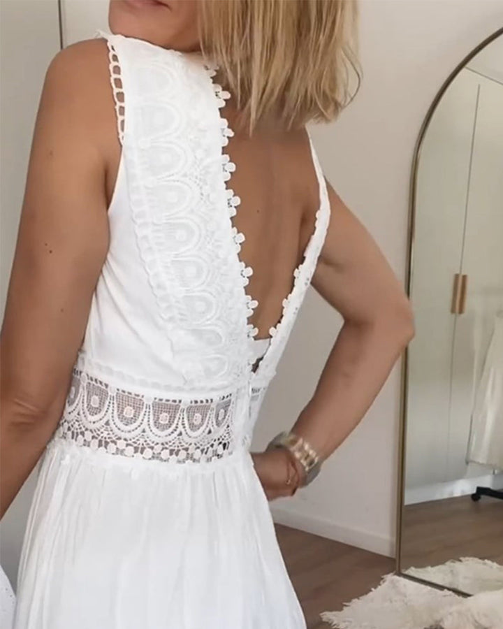 Sophia | Women's Elegant Midi Summer Dress with Lace V-Neck - Airy and Feminine-The Yellow Prime