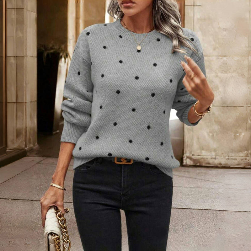Women's Knitted Sweater with Round Neck, Polka Dot Pattern, Loose Fit