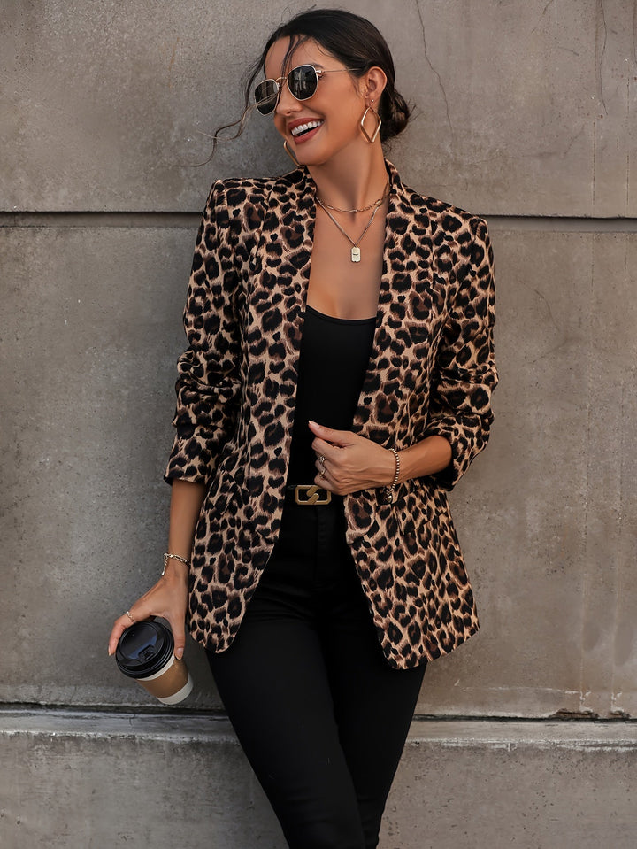Women's Elegant Business Long Blazer with Leopard Print for All Seasons-The Yellow Prime