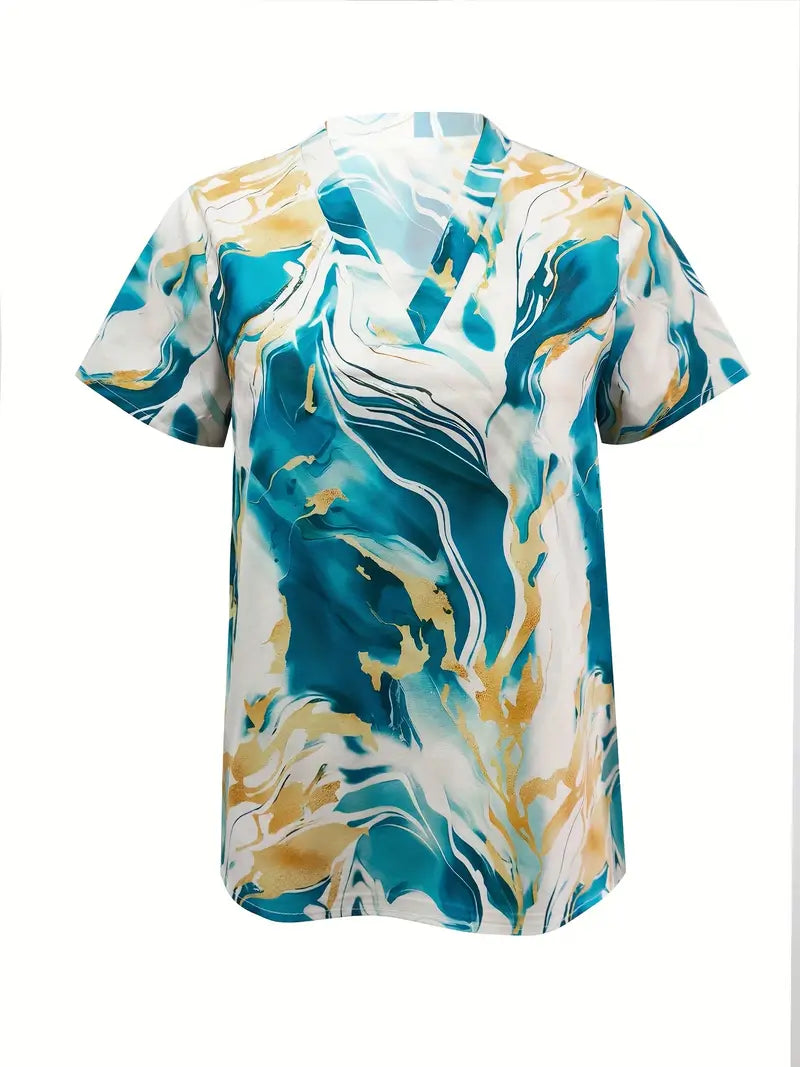 Mildred | Women's Marble Print Short Sleeve Shirt-The Yellow Prime