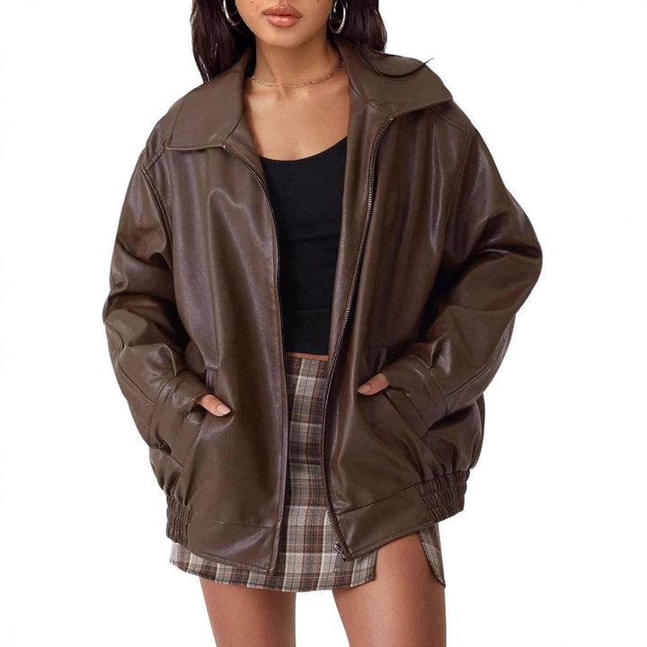 Women's Relaxed Fit Faux Leather Bomber Zip Jacket