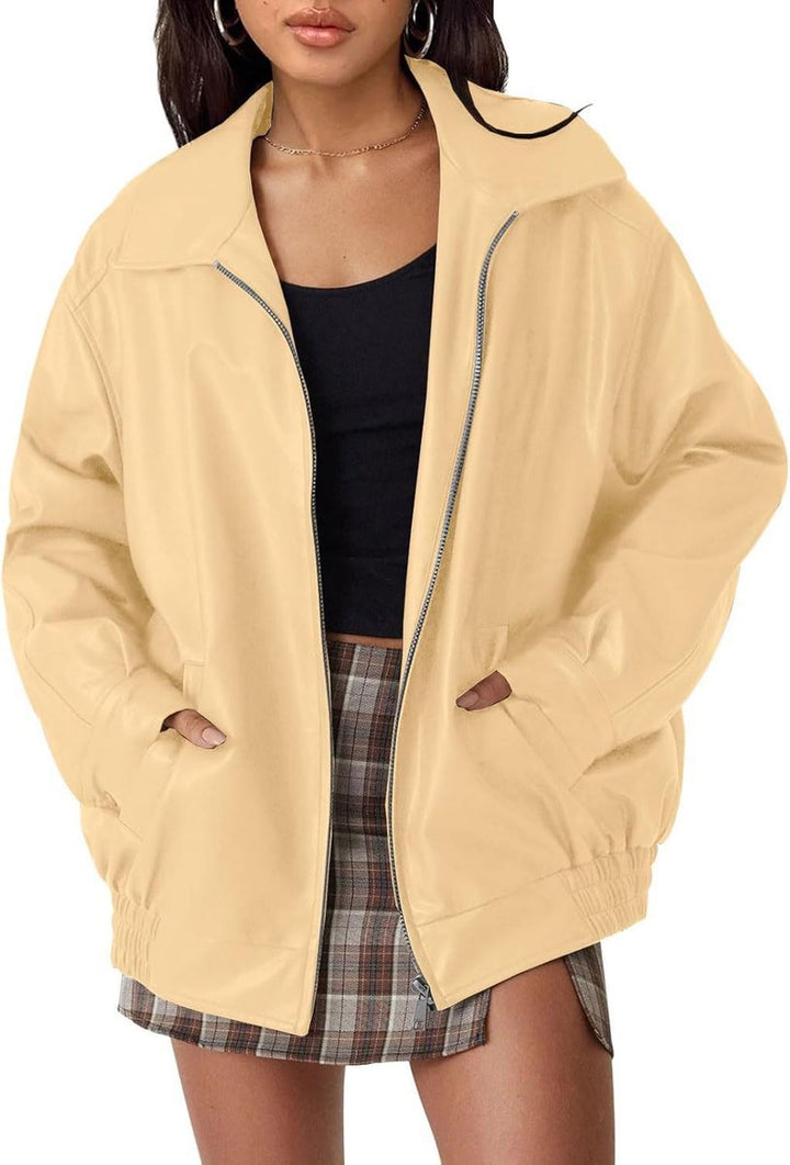 Women's Relaxed Fit Faux Leather Bomber Zip Jacket