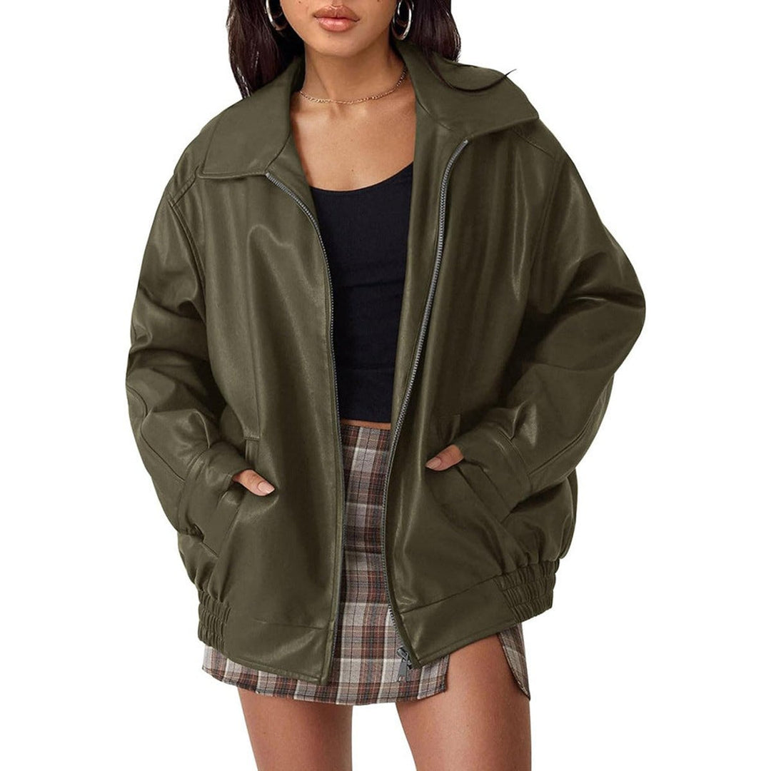 Women's Relaxed Fit Faux Leather Bomber Zip Jacket