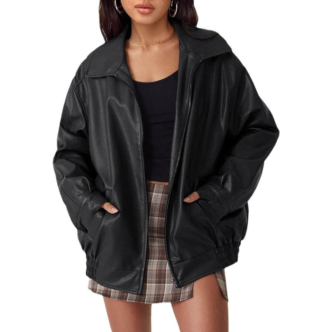 Women's Relaxed Fit Faux Leather Bomber Zip Jacket