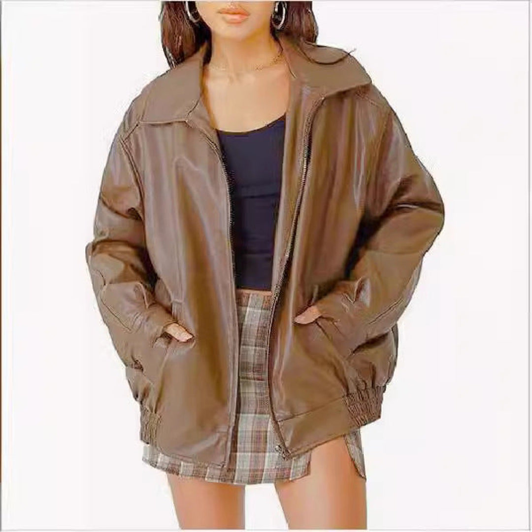 Women's Relaxed Fit Faux Leather Bomber Zip Jacket