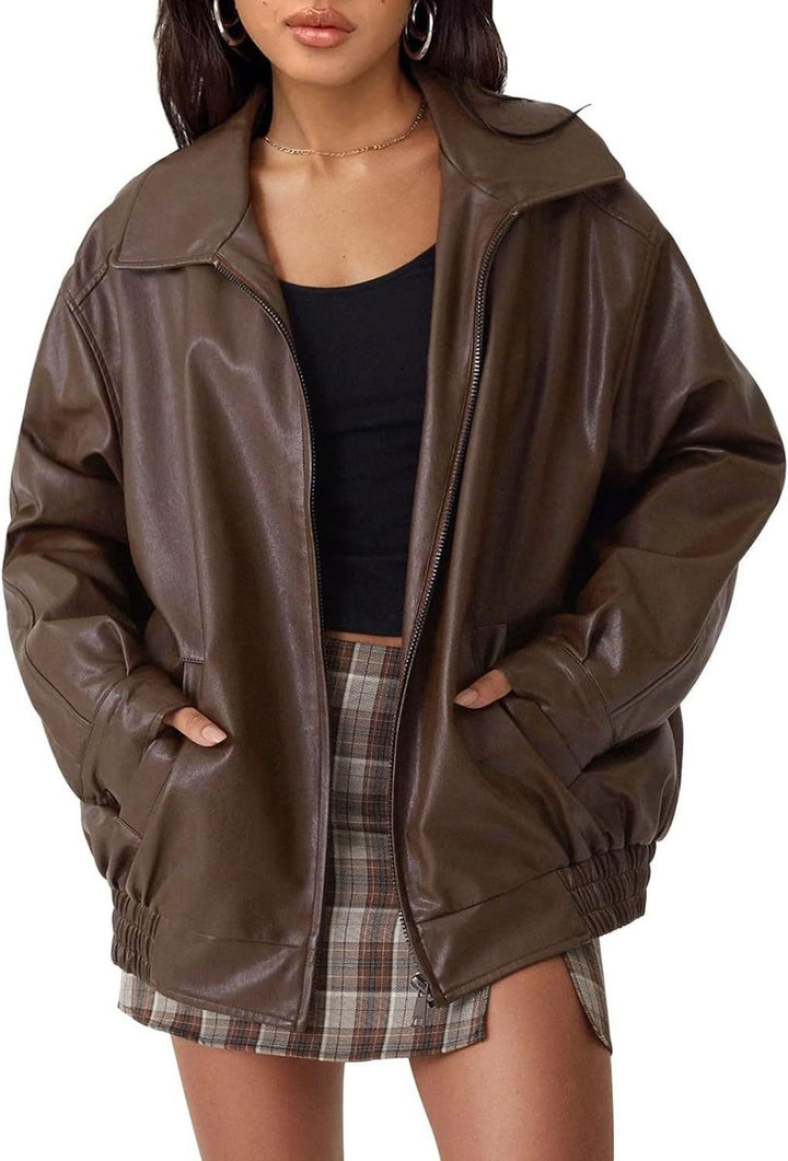Women's Relaxed Fit Faux Leather Bomber Zip Jacket