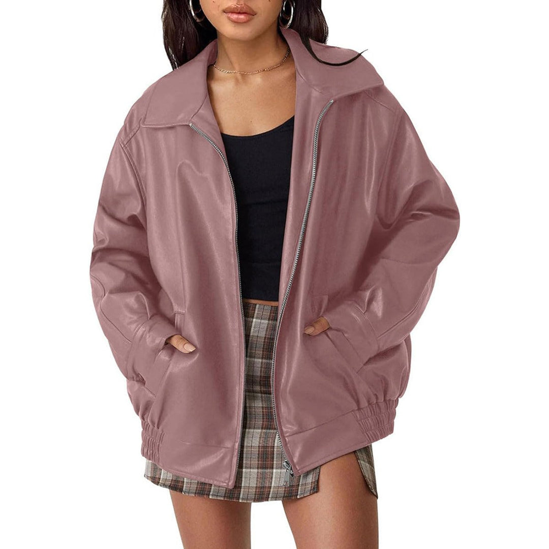 Women's Relaxed Fit Faux Leather Bomber Zip Jacket