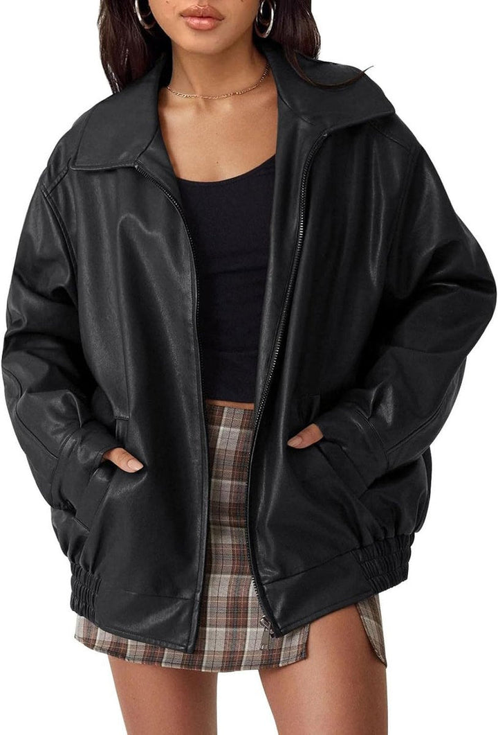 Women's Relaxed Fit Faux Leather Bomber Zip Jacket