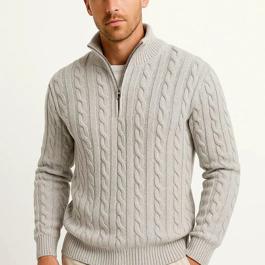 Pull en maille torsadée à manches longues avec fermeture à quart de zip pour homme – Douillet pour l’automne et l’hiver