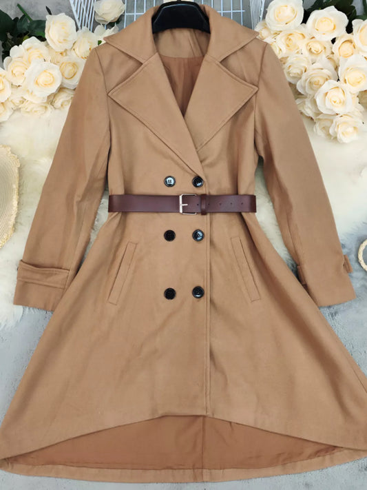 Women's Belted Double-Breasted Long Winter Coat, Lined (khaki)