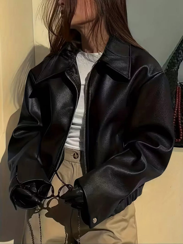 Dámská oversized motorkářská bunda z umělé kůže se zapínáním na zip, velikosti S-XXL