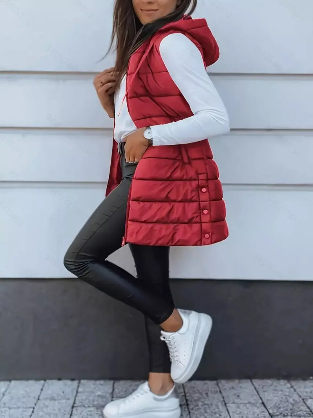 Gilet imbottito lungo con cappuccio da donna, con cerniera, taglie dalla S alla XXL