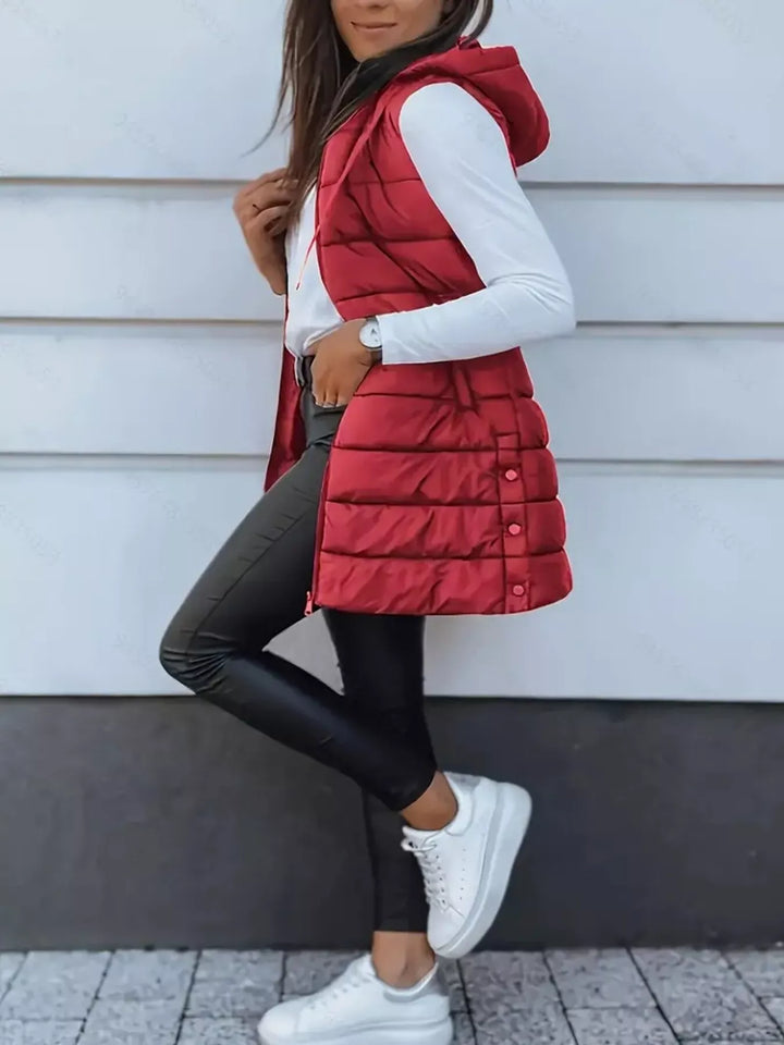 Gilet imbottito lungo con cappuccio da donna, con cerniera, taglie dalla S alla XXL