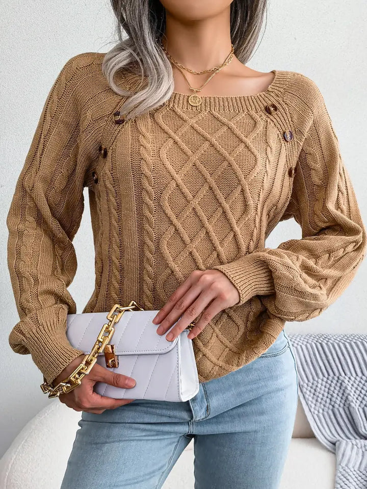 Women's Loose-Fitting Cable-Knit Sweater with Shoulder Buttons
