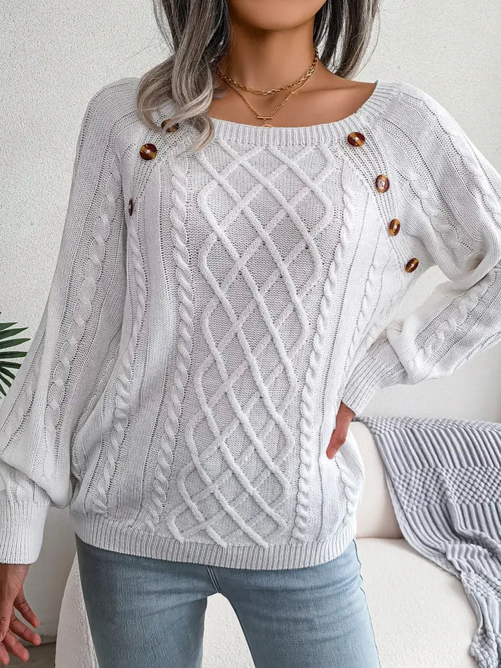 Women's Loose-Fitting Cable-Knit Sweater with Shoulder Buttons