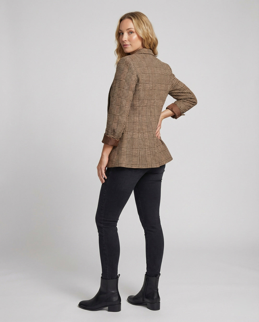 Women's Checked Blazer with Lapels and Single Button Closure-The Yellow Prime