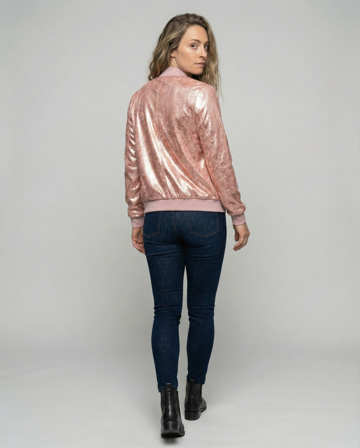 Chaqueta bomber brillante para mujer con cierre de cremallera